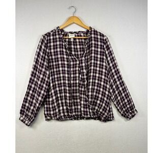 Knox Rose Womens Plaid V Neck Tie Front Long Sleeve Blouse Top XL